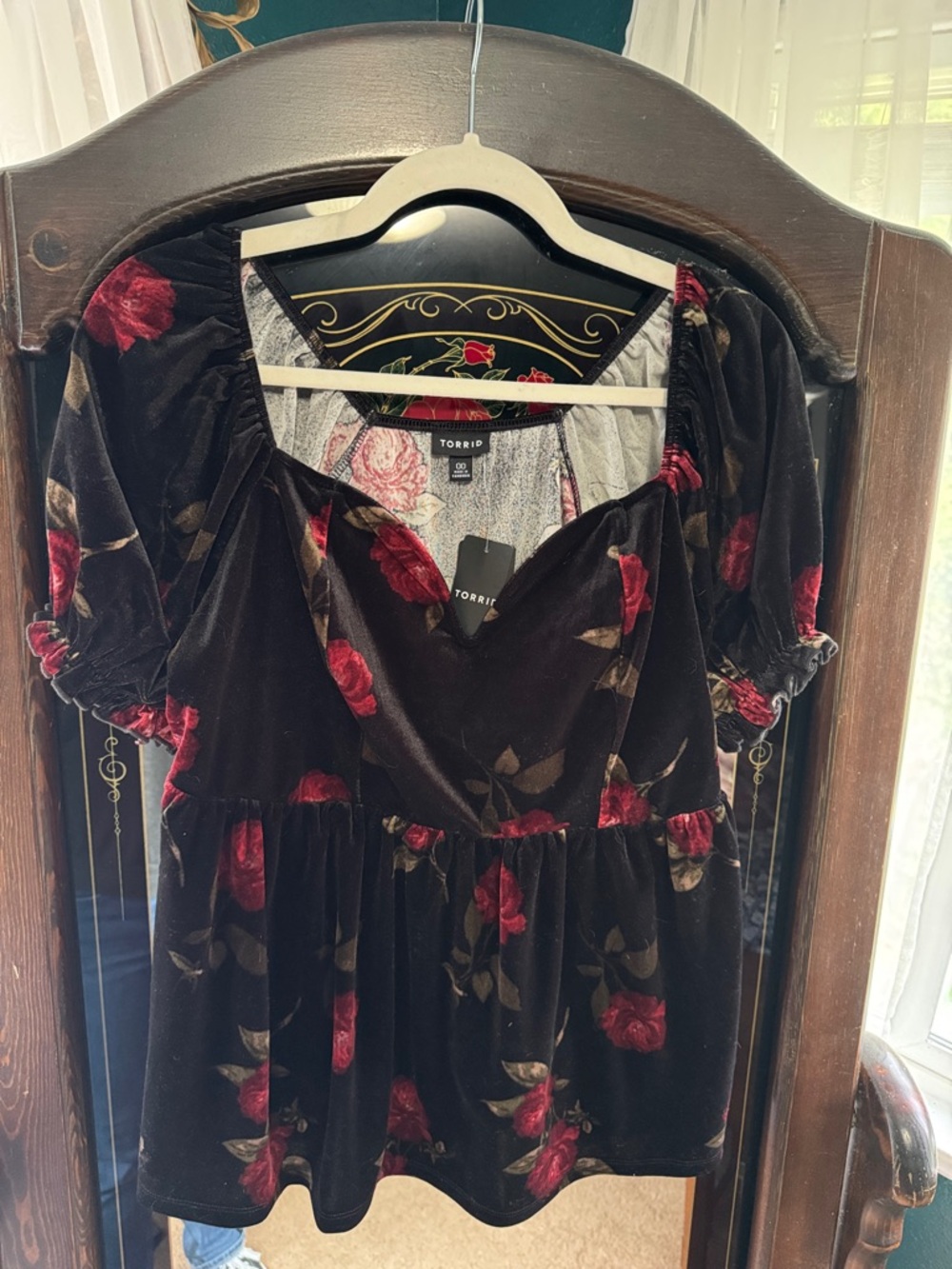 torrid Black Velvet Floral Peplum Top with Burgundy Roses